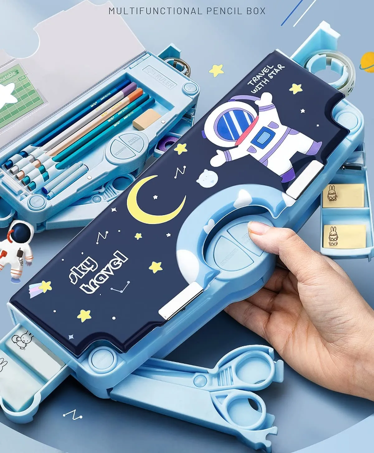 Aara Internationals 1Pc Multifunctional Pencil Case, Large Capacity Pencil Box for Boys & Girls Students with Craft Scissor Portable Stationery Organizer, Astronaut