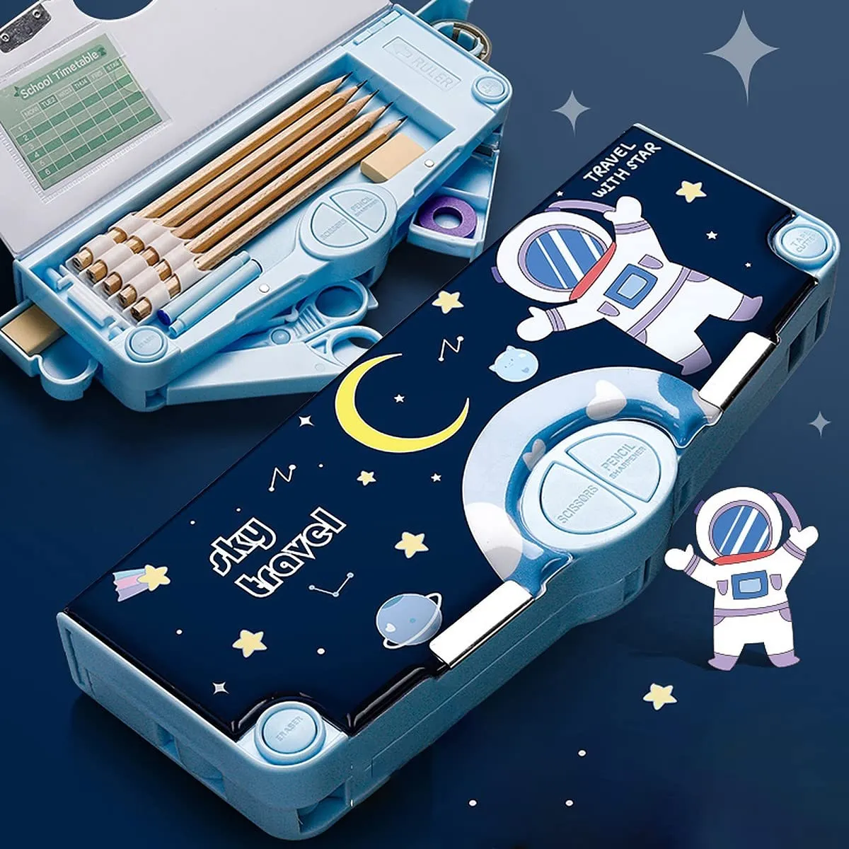Aara Internationals 1Pc Multifunctional Pencil Case, Large Capacity Pencil Box for Boys & Girls Students with Craft Scissor Portable Stationery Organizer, Astronaut