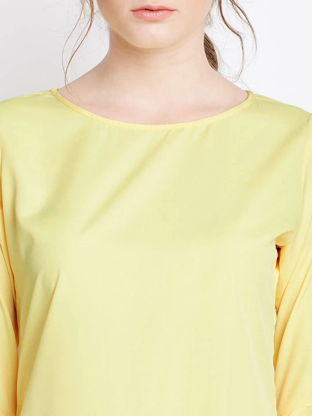 Berrylush Women Solid Yellow Round Neck Flared Sleeves A-Line Mini Dress