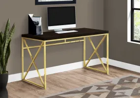 Computer Desk, Home Office, Laptop, Work, Brown Laminate, Gold Metal, Contemporary, Modern