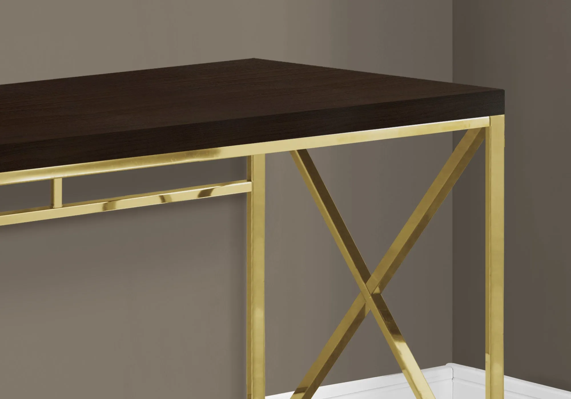 Computer Desk, Home Office, Laptop, Work, Brown Laminate, Gold Metal, Contemporary, Modern