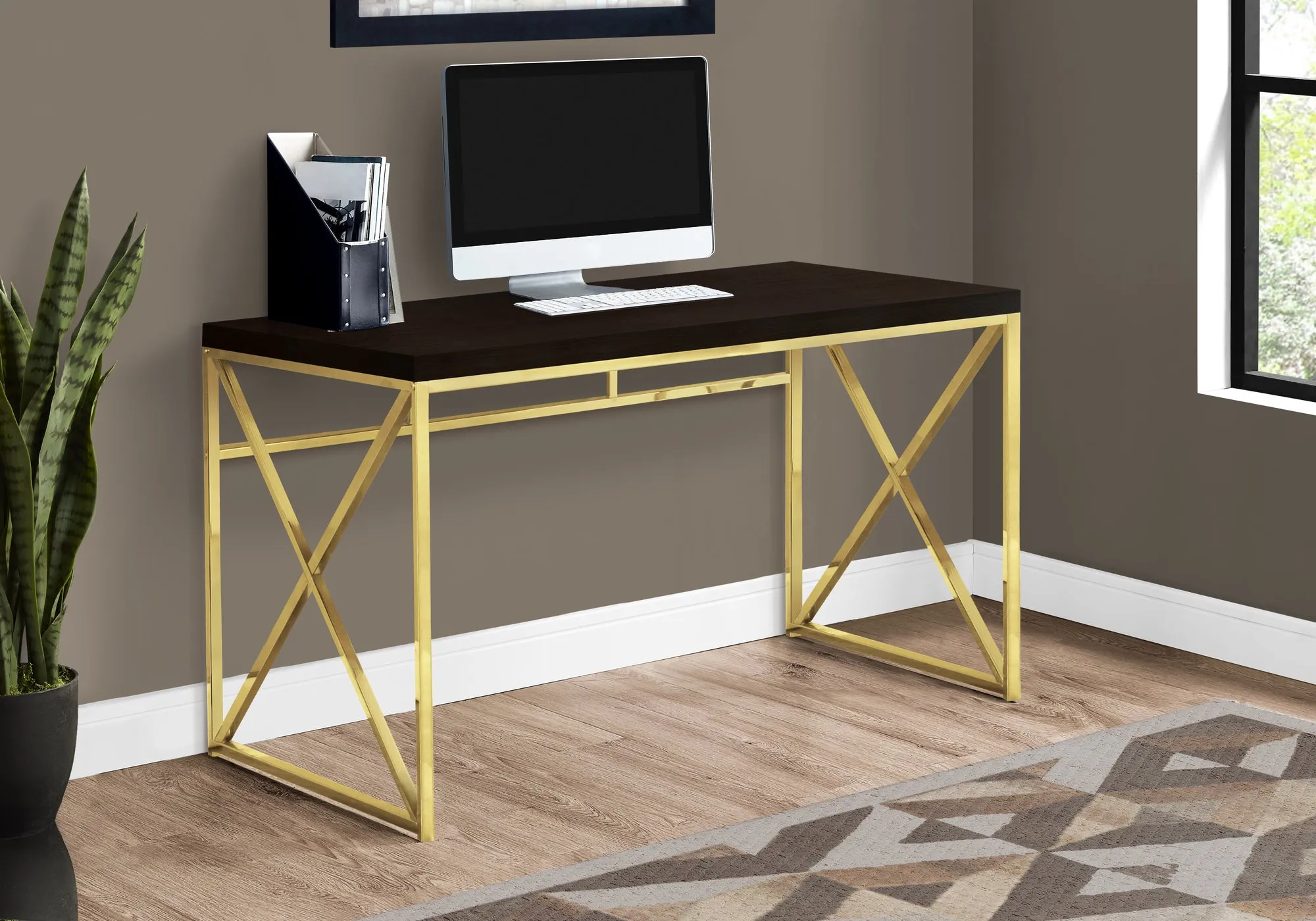 Computer Desk, Home Office, Laptop, Work, Brown Laminate, Gold Metal, Contemporary, Modern