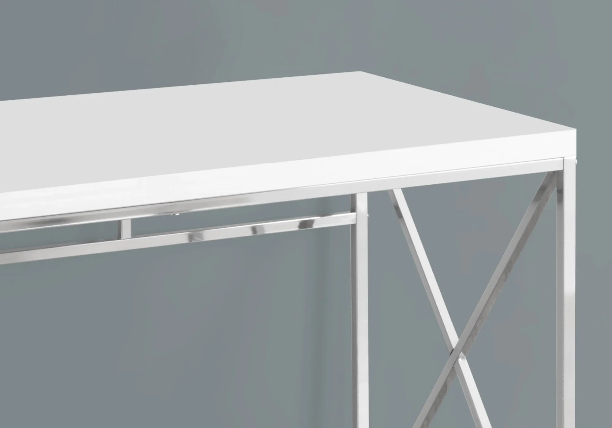 Computer Desk, Home Office, Laptop, Work, Glossy White Laminate, Chrome Metal, Contemporary, Modern
