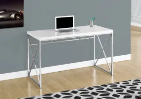 Computer Desk, Home Office, Laptop, Work, Glossy White Laminate, Chrome Metal, Contemporary, Modern