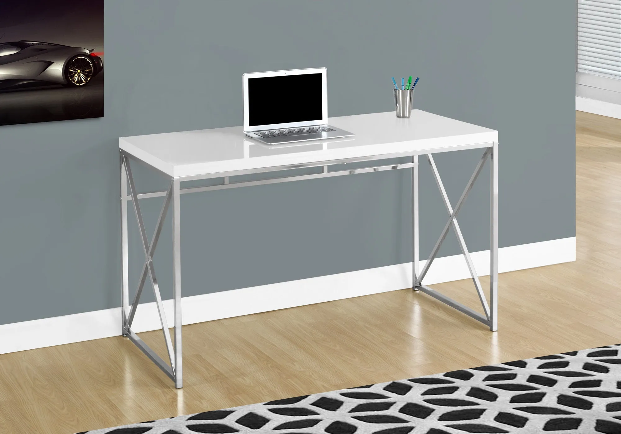 Computer Desk, Home Office, Laptop, Work, Glossy White Laminate, Chrome Metal, Contemporary, Modern
