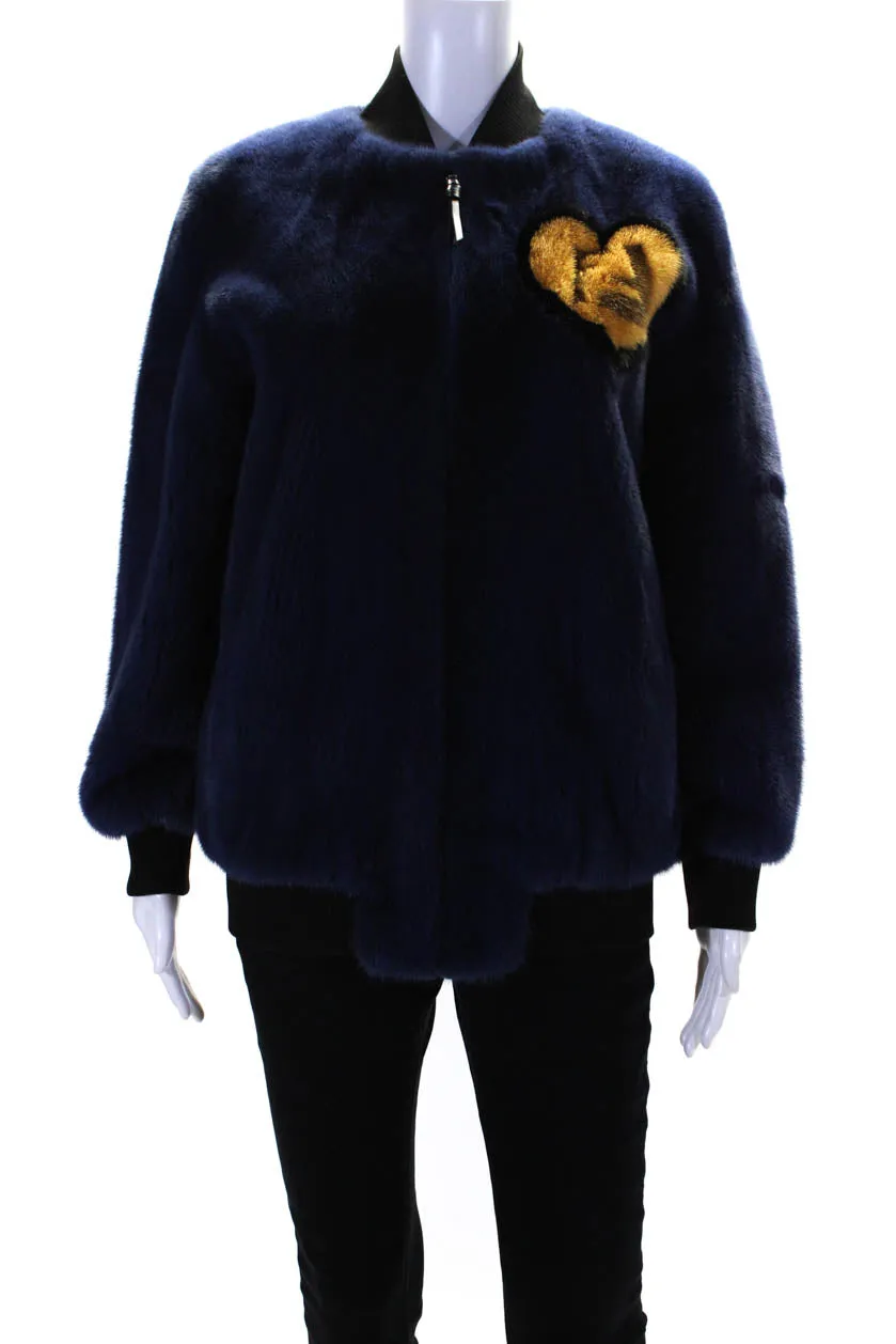 Fendi Womens Front Zip Logo Back Zucca Heart Mink Fur Bomber Jacket Blue IT 38