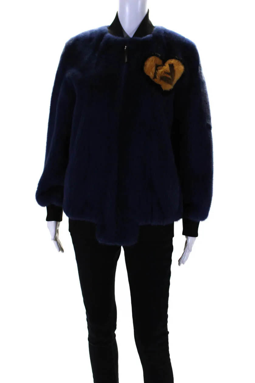 Fendi Womens Front Zip Logo Back Zucca Heart Mink Fur Bomber Jacket Blue IT 38