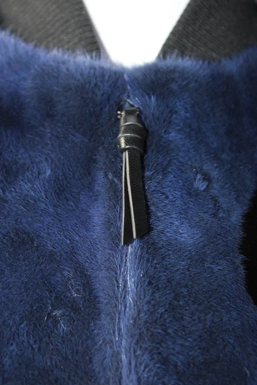 Fendi Womens Front Zip Logo Back Zucca Heart Mink Fur Bomber Jacket Blue IT 38