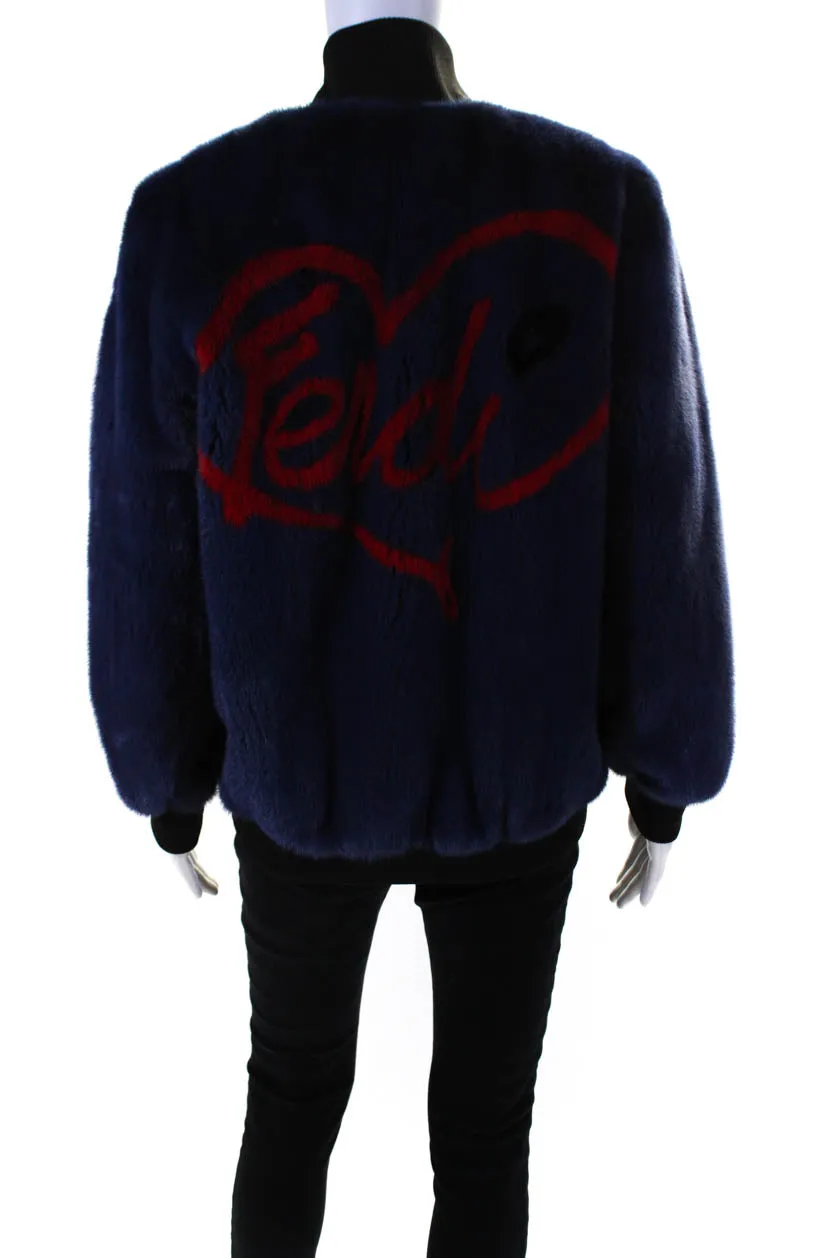 Fendi Womens Front Zip Logo Back Zucca Heart Mink Fur Bomber Jacket Blue IT 38