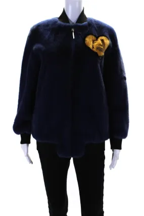 Fendi Womens Front Zip Logo Back Zucca Heart Mink Fur Bomber Jacket Blue IT 38