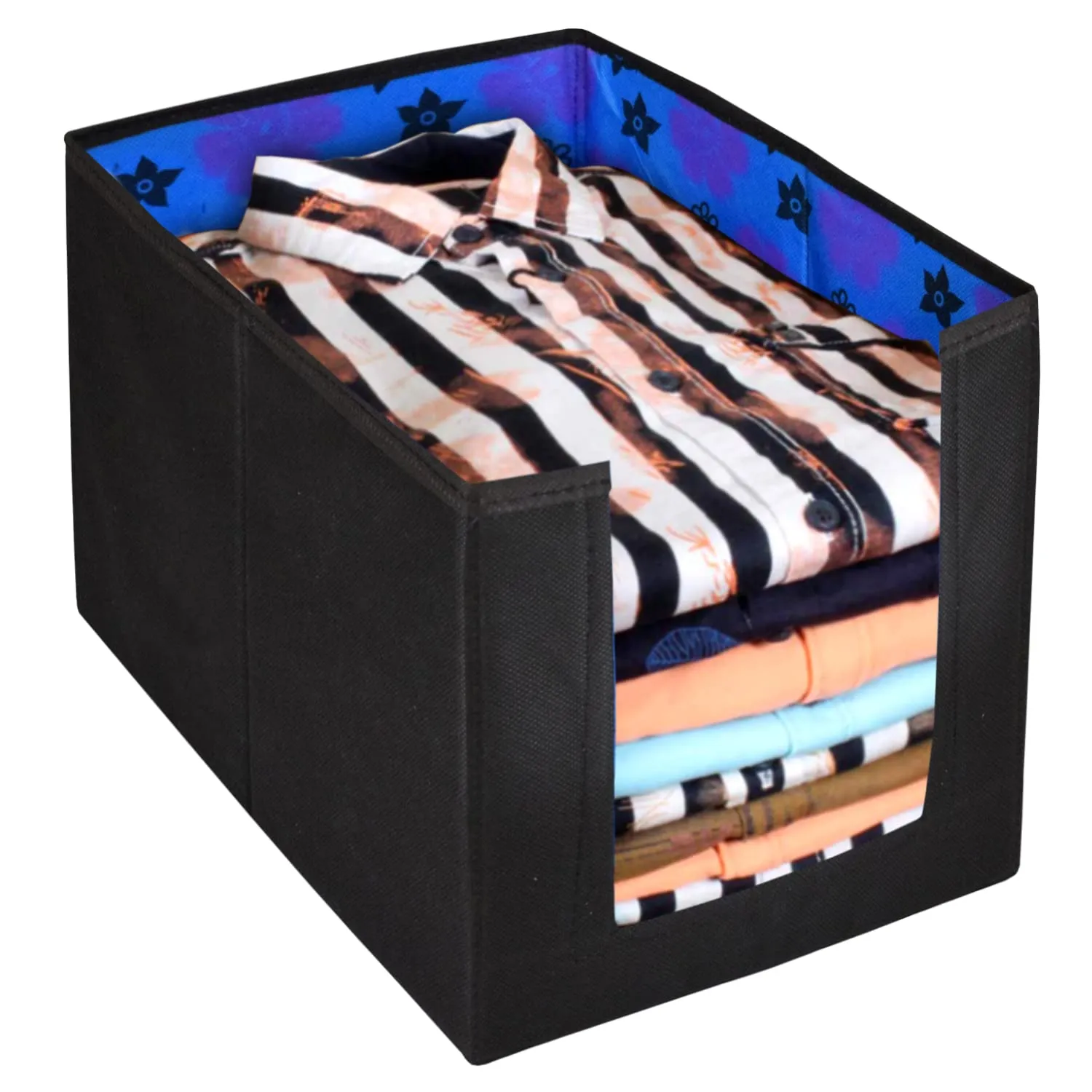 Heart Home Flower Printed Multiuses Non-Woven Closet Organizer With Handles- Pack of 2 (Black & Blue) -HS43HEARTH26519