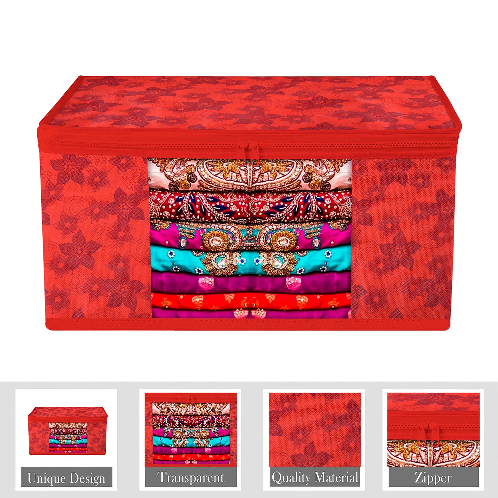 Kuber Industries Saree Cover & Blouse Cover Set | Saree & Blouse Organizer Combo Set | 2 Pieces Blouse & 2 Pieces Saree Cover Set | Zipper Closure | Flower-Design | Set of 4 | Red