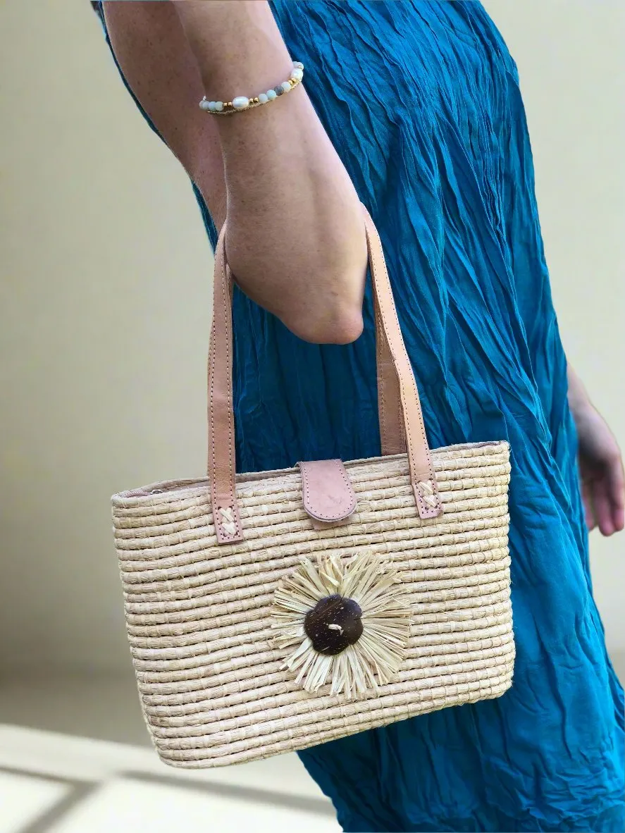 Lucy Crochet Straw Handbag with Flower Detail