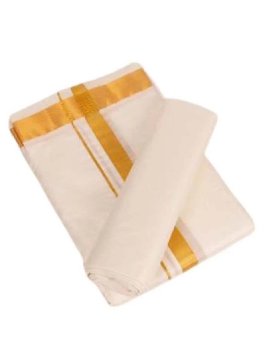 Men Silk Cream 1" inch Border Dhoti & Shirting Set Vivaga Chiranjeeve