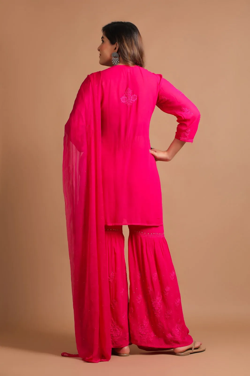 Premium Viscose Lucknow Chikankari Gharara Set in Pink and Yellow
