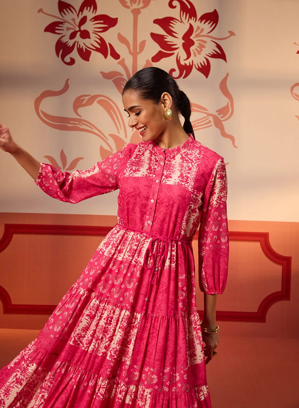 Rinaz Fuchsia Pink Printed Viscose Georgette Indo-western Dress for Women