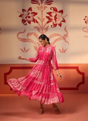 Rinaz Fuchsia Pink Printed Viscose Georgette Indo-western Dress for Women