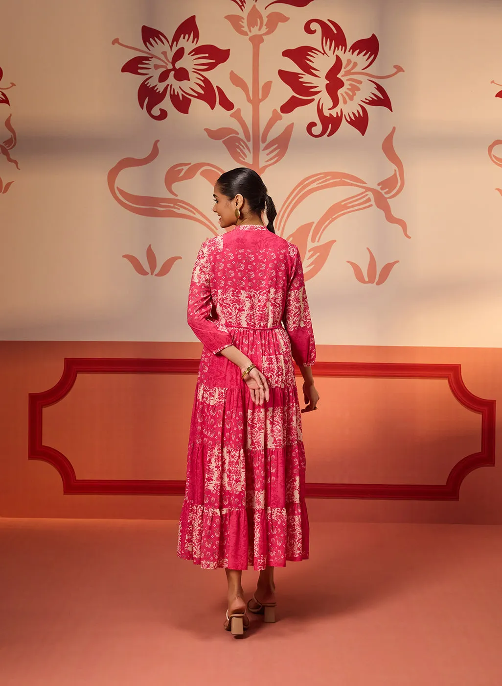 Rinaz Fuchsia Pink Printed Viscose Georgette Indo-western Dress for Women