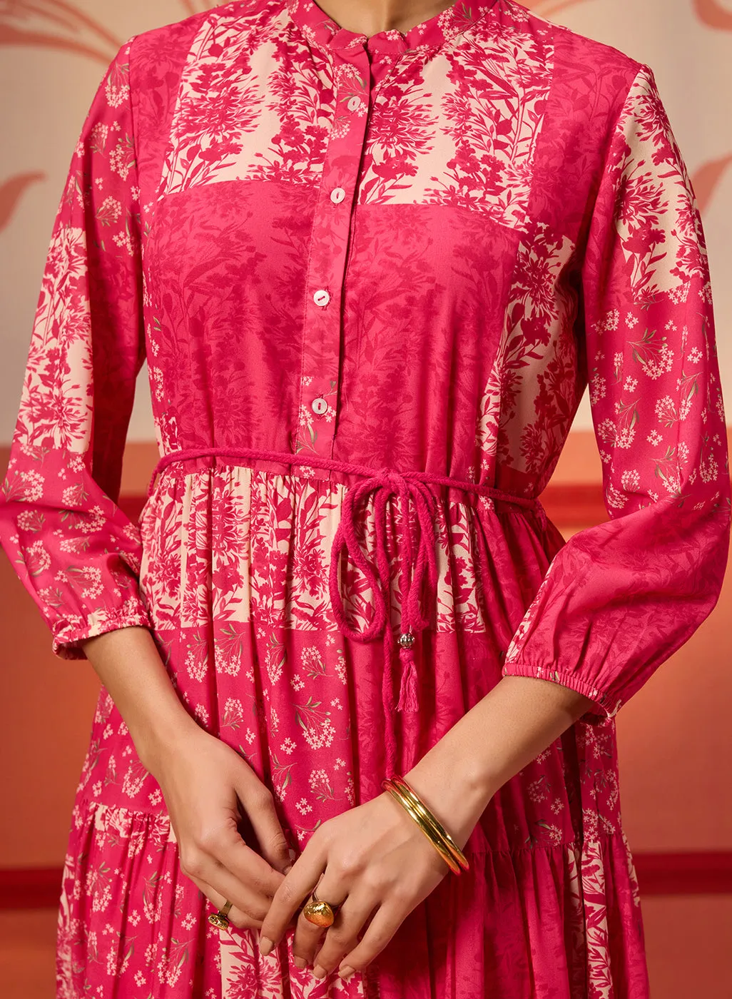 Rinaz Fuchsia Pink Printed Viscose Georgette Indo-western Dress for Women