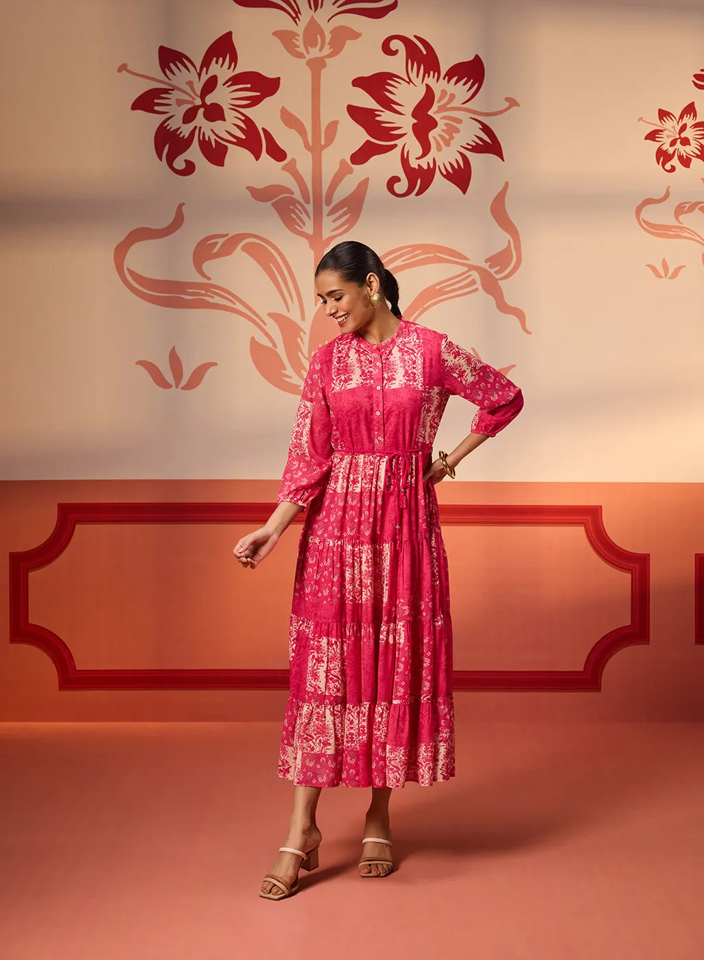 Rinaz Fuchsia Pink Printed Viscose Georgette Indo-western Dress for Women