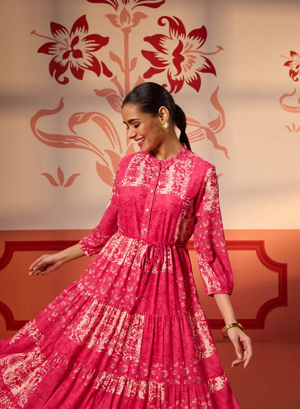 Rinaz Fuchsia Pink Printed Viscose Georgette Indo-western Dress for Women