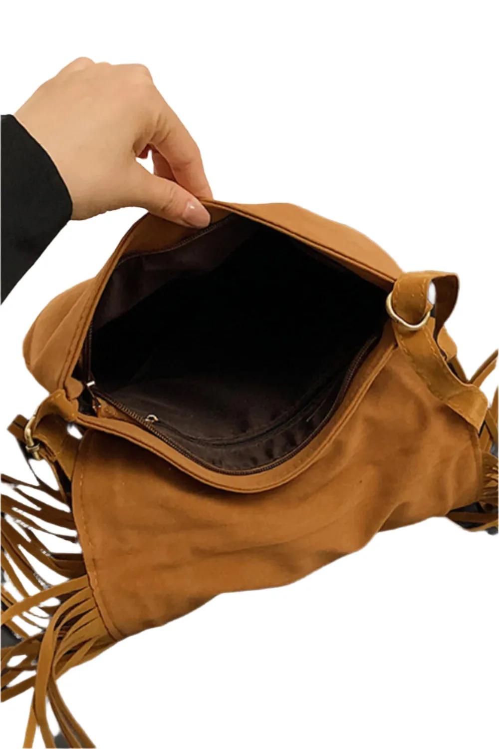 Suede Fringe Wide Strap Shoulder Bag