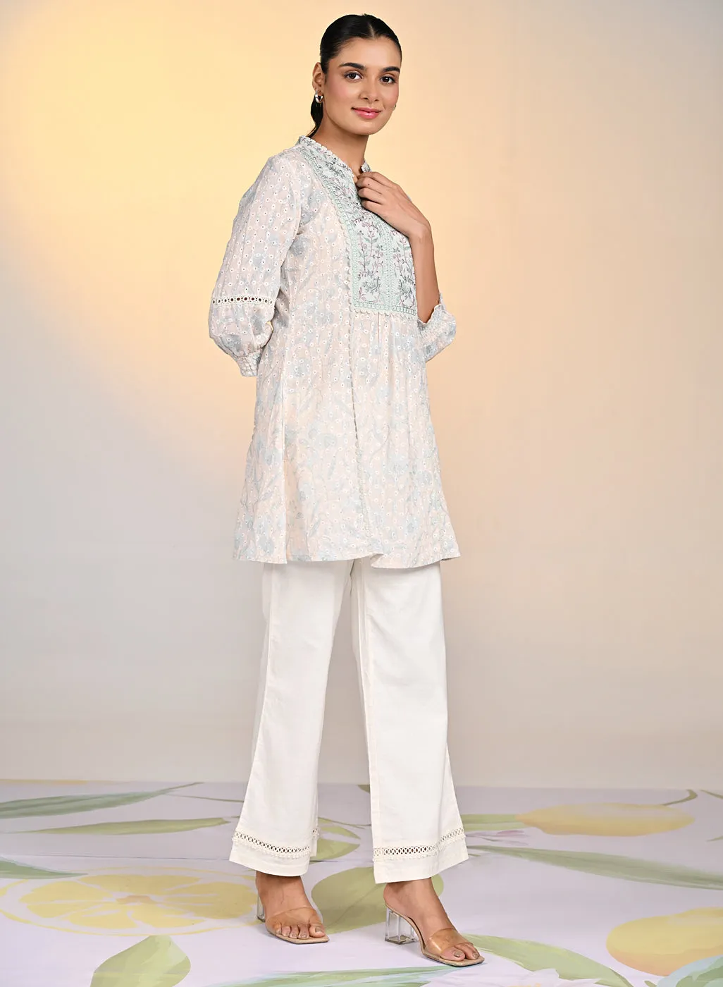 Umang Cream with Blue Embroidered Schiffli
Indo-Western Dress for Women