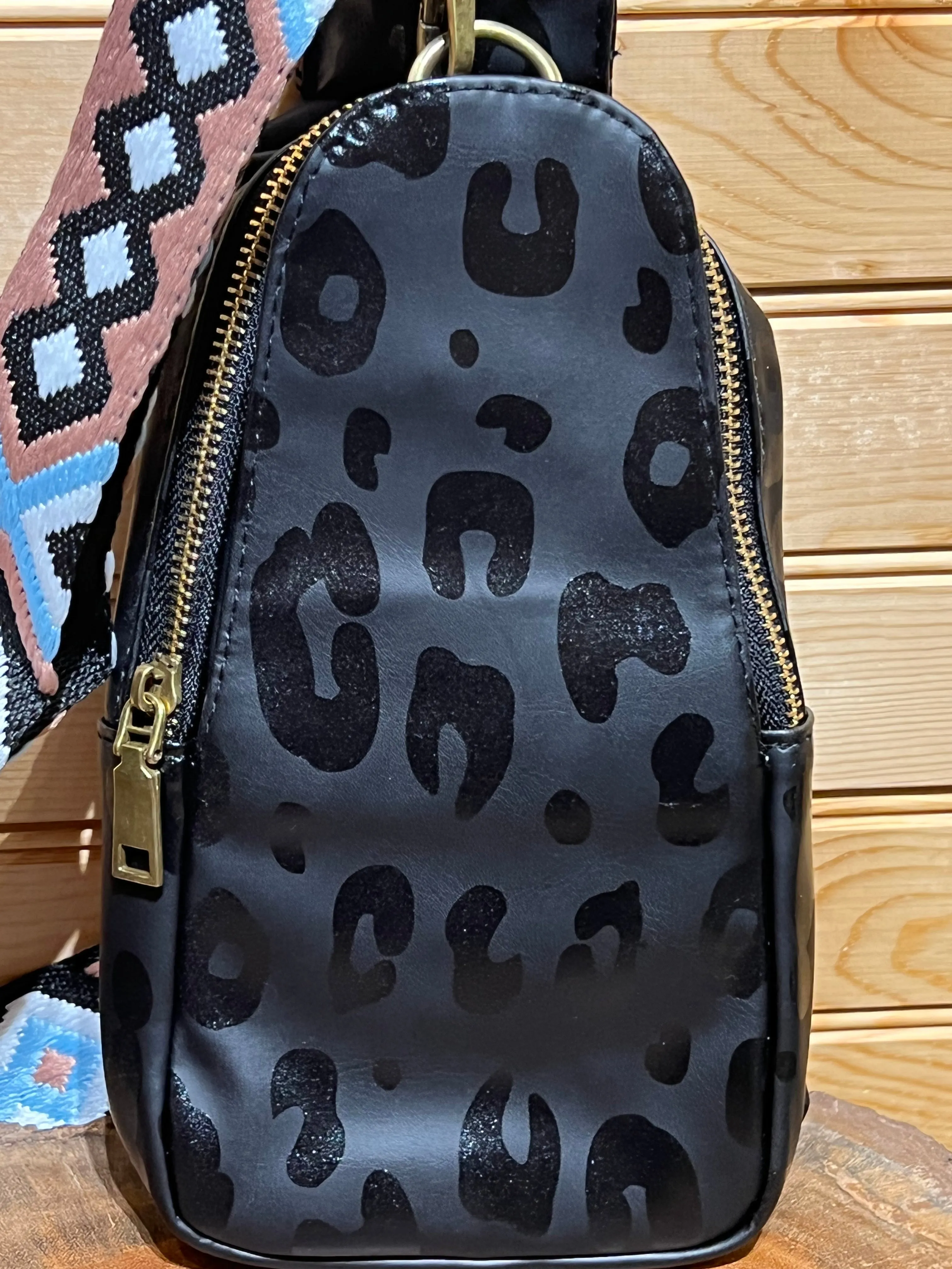 Vegan Leather Sling Bag - Black Leopard