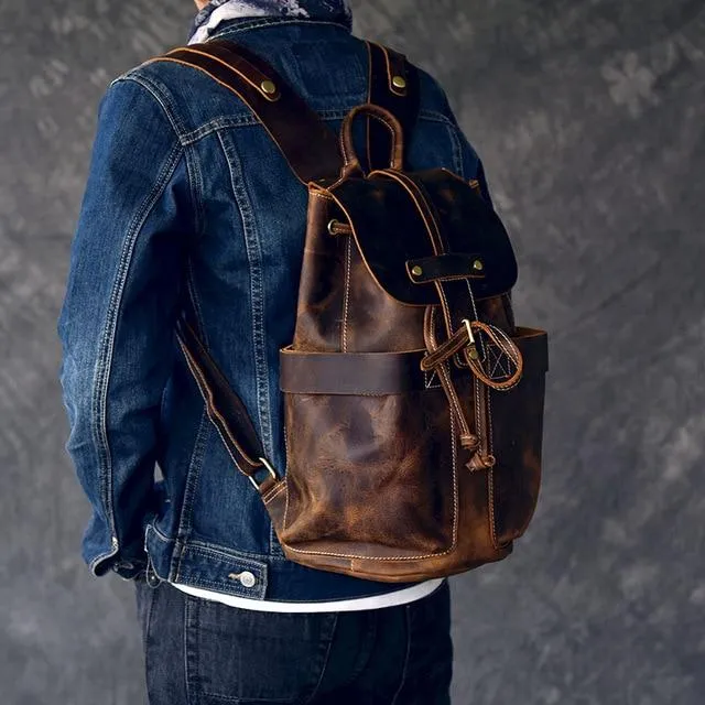 Vintage Leather School Travel Backpack Rucksack