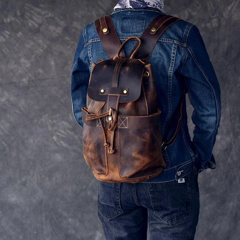 Vintage Leather School Travel Backpack Rucksack