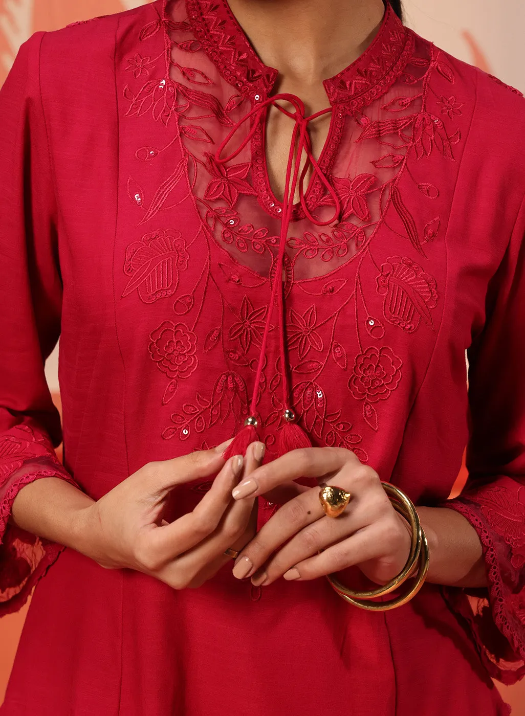 Zara Fuchsia Cotton Linen Embroidered Kurta Set for Women