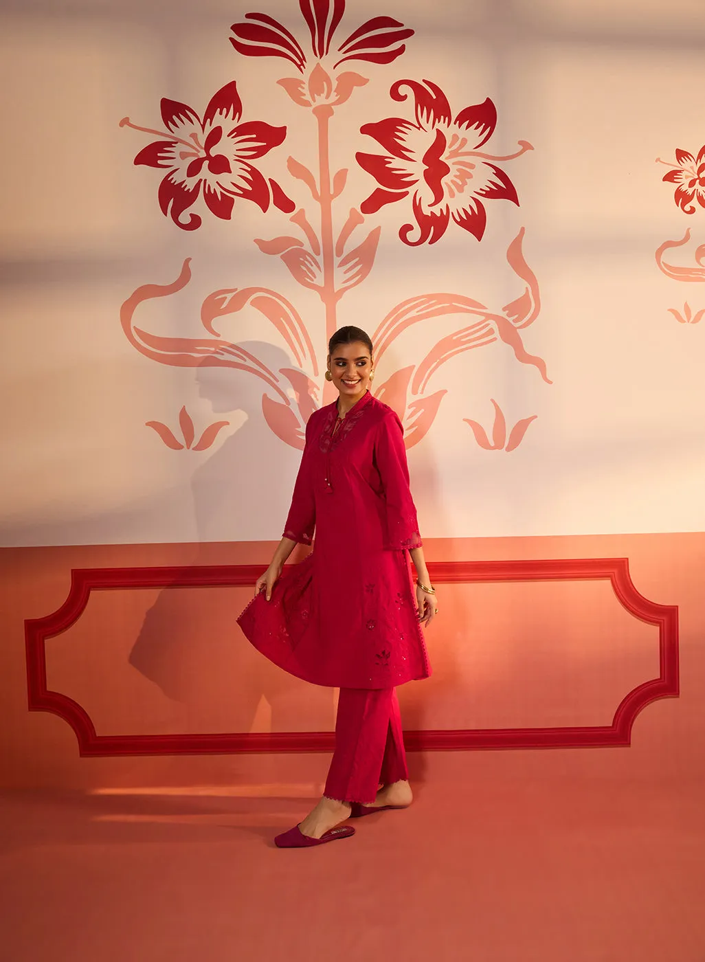 Zara Fuchsia Cotton Linen Embroidered Kurta Set for Women