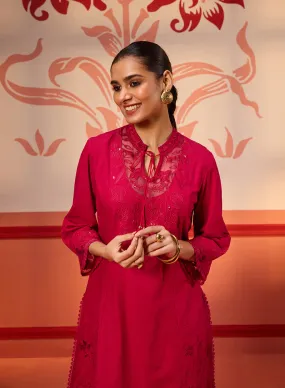 Zara Fuchsia Cotton Linen Embroidered Kurta Set for Women