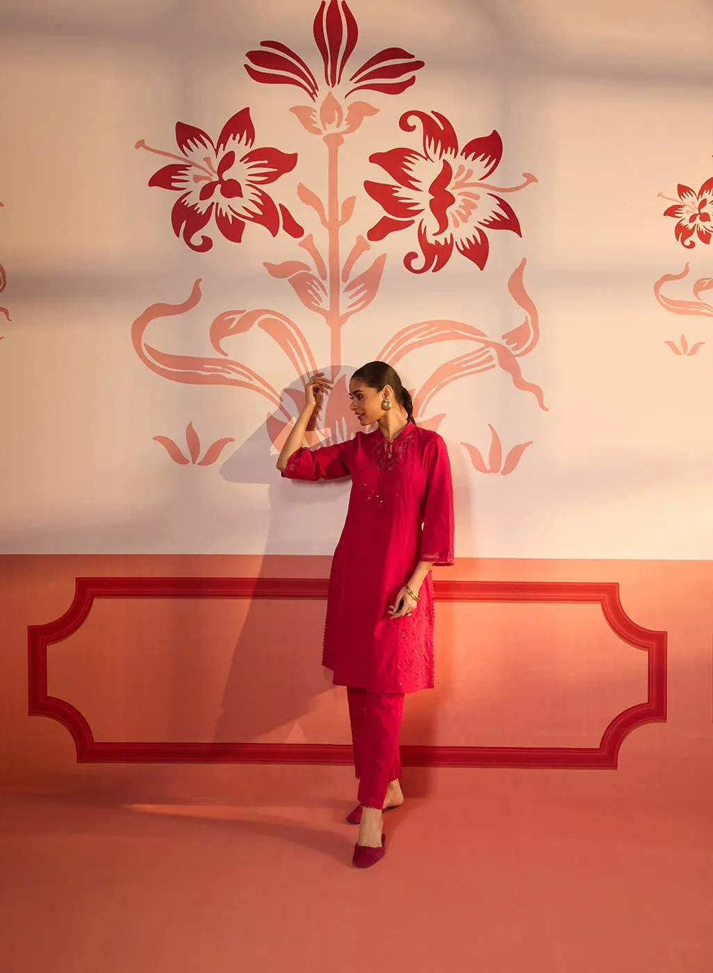 Zara Fuchsia Cotton Linen Embroidered Kurta Set for Women